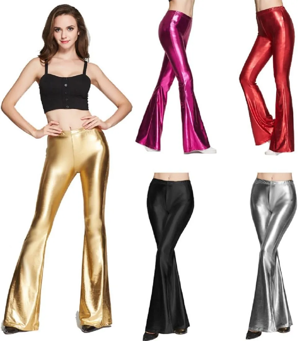 IWEMEK Women Shiny Metallic Bell Bottom Bootcut Palazzo Leggings 70s Disco Wide Leg Pants High Waist Dance Yoga Trousers