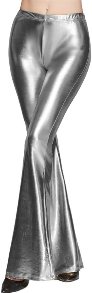 IWEMEK Women Shiny Metallic Bell Bottom Bootcut Palazzo Leggings 70s Disco Wide Leg Pants High Waist Dance Yoga Trousers
