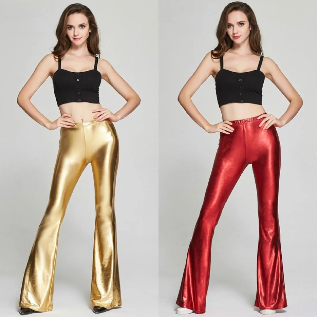 IWEMEK Women Shiny Metallic Bell Bottom Bootcut Palazzo Leggings 70s Disco Wide Leg Pants High Waist Dance Yoga Trousers