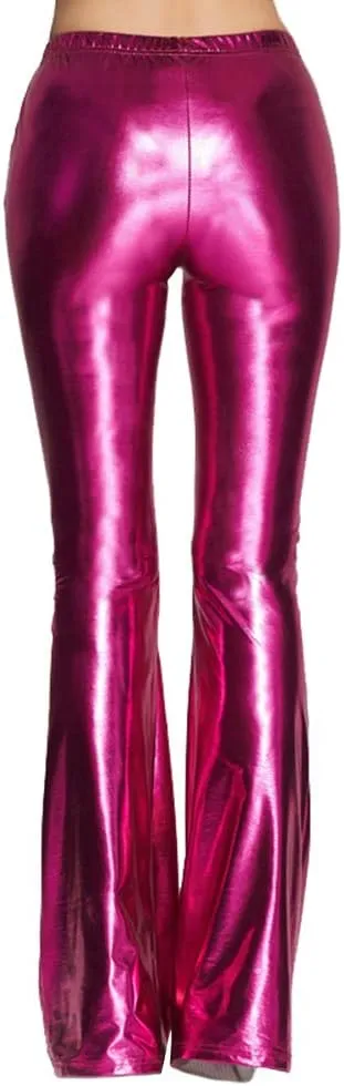 IWEMEK Women Shiny Metallic Bell Bottom Bootcut Palazzo Leggings 70s Disco Wide Leg Pants High Waist Dance Yoga Trousers