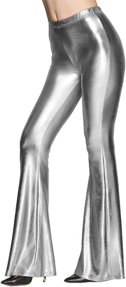 IWEMEK Women Shiny Metallic Bell Bottom Bootcut Palazzo Leggings 70s Disco Wide Leg Pants High Waist Dance Yoga Trousers