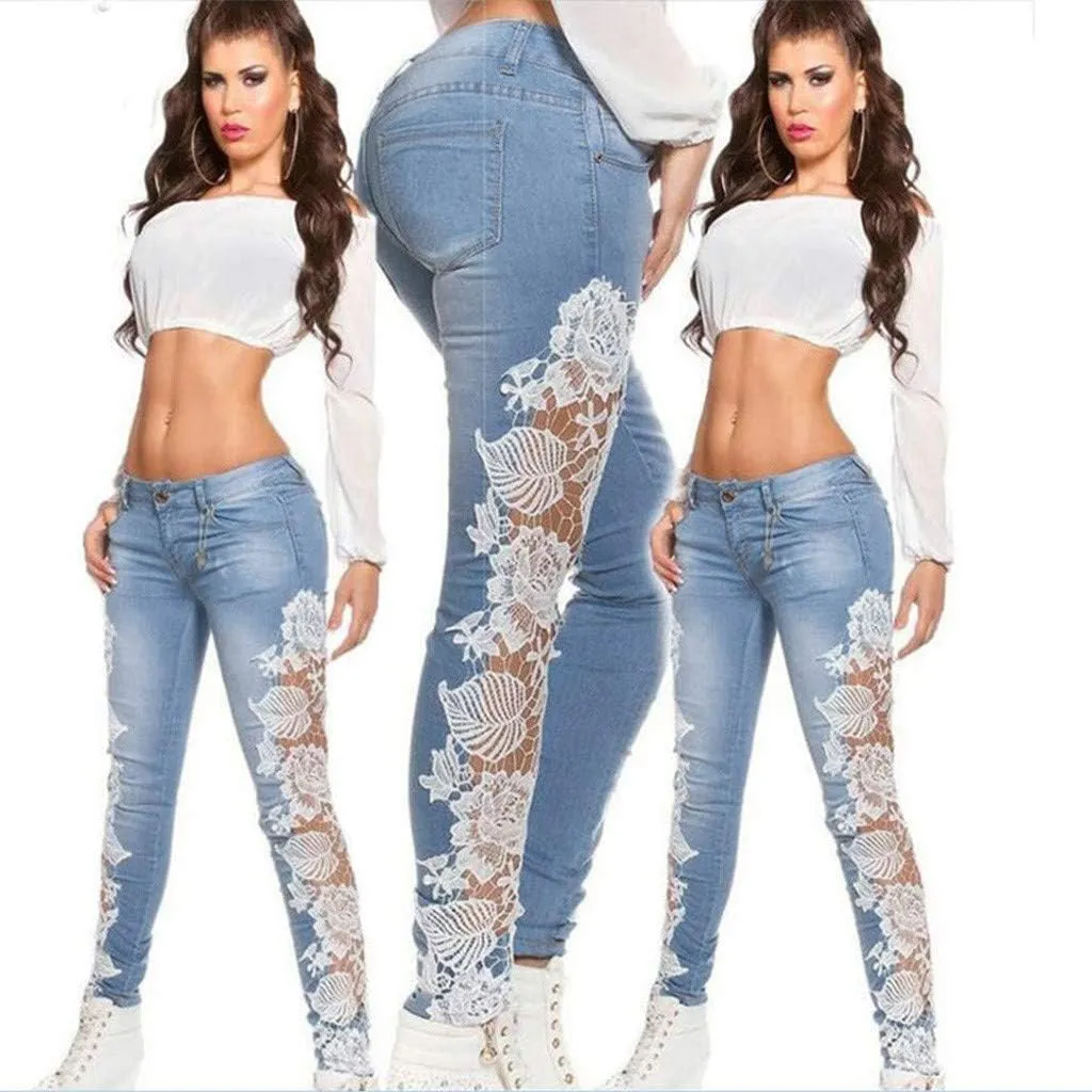 Jeans for Women High Wiasted Straight Leg Lace Patchwork Demin Pants with Pockets Trendy Jean Pant Street Trousers