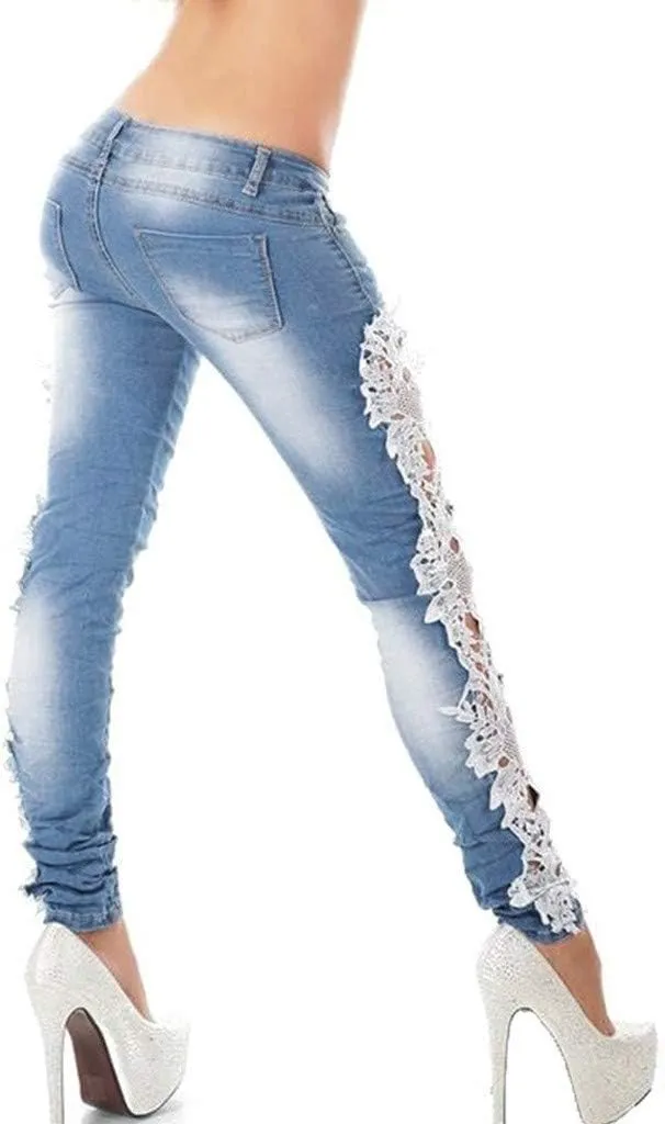 Jeans for Women High Wiasted Straight Leg Lace Patchwork Demin Pants with Pockets Trendy Jean Pant Street Trousers