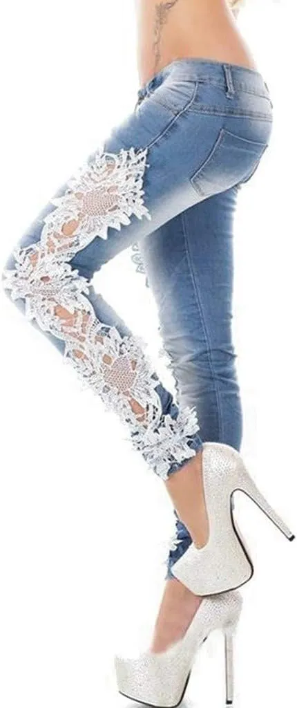 Jeans for Women High Wiasted Straight Leg Lace Patchwork Demin Pants with Pockets Trendy Jean Pant Street Trousers