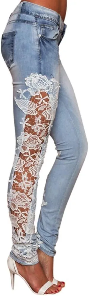 Jeans for Women High Wiasted Straight Leg Lace Patchwork Demin Pants with Pockets Trendy Jean Pant Street Trousers