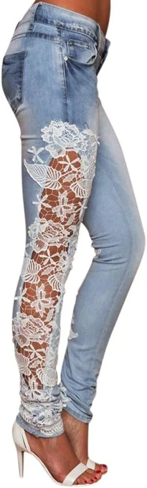 Jeans for Women High Wiasted Straight Leg Lace Patchwork Demin Pants with Pockets Trendy Jean Pant Street Trousers