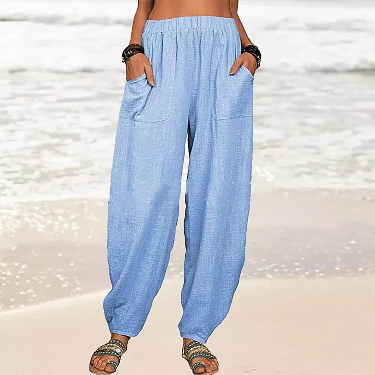 JOAU Cotton Linen Casual Summer Pants for Women Comfy Baggy High Waist Trousers with Pockets Lightweight Lounge Loose Pants