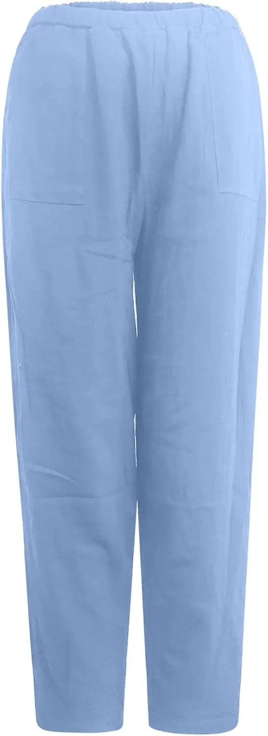 JOAU Cotton Linen Casual Summer Pants for Women Comfy Baggy High Waist Trousers with Pockets Lightweight Lounge Loose Pants