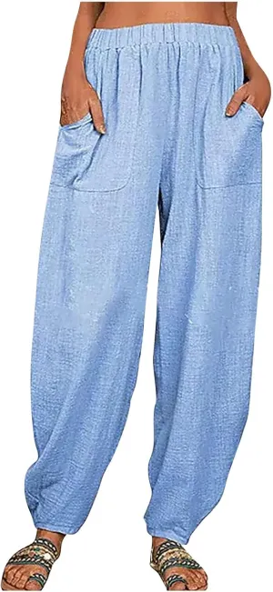 JOAU Cotton Linen Casual Summer Pants for Women Comfy Baggy High Waist Trousers with Pockets Lightweight Lounge Loose Pants