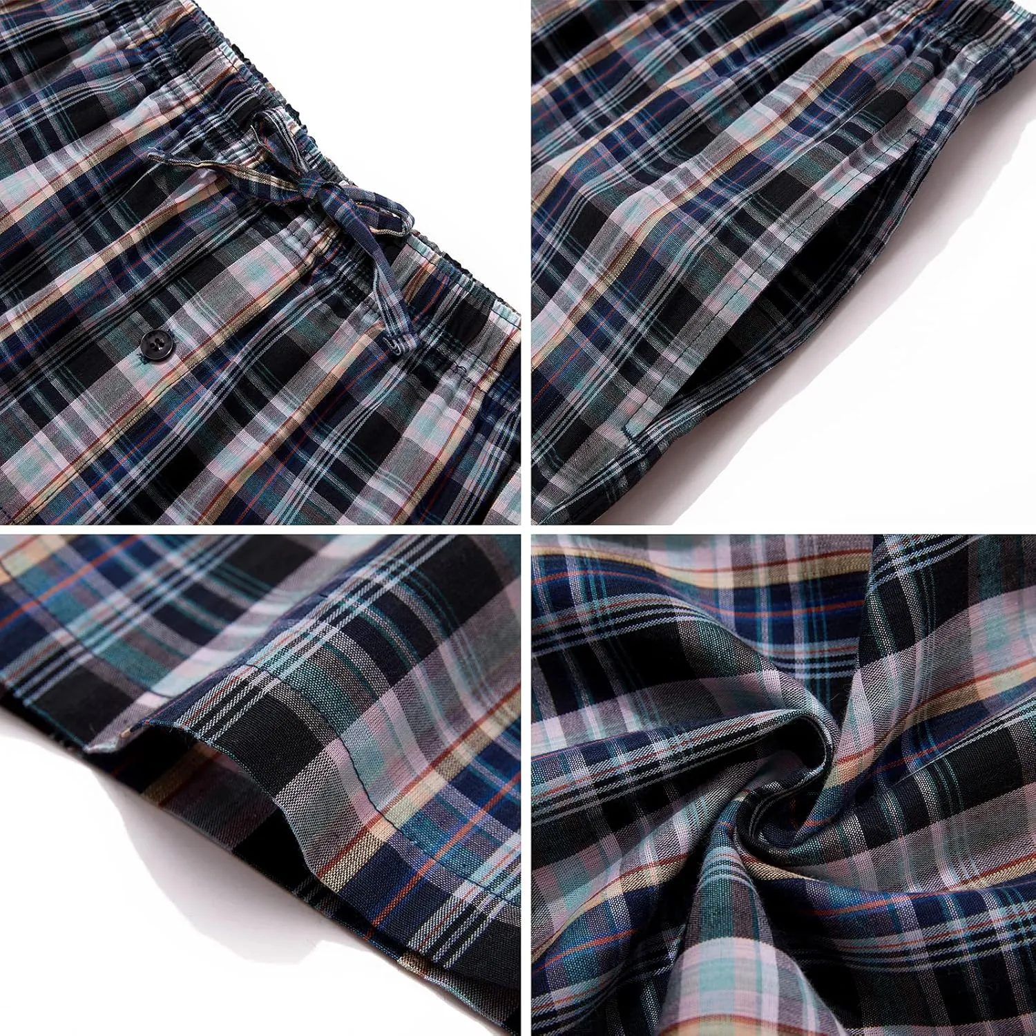 JupiterSecret Mens Pajama Pants Set Cotton Lightweight Plaid Sleep & Lounge Pants, PJ Bottoms with Pockets and Button Fly