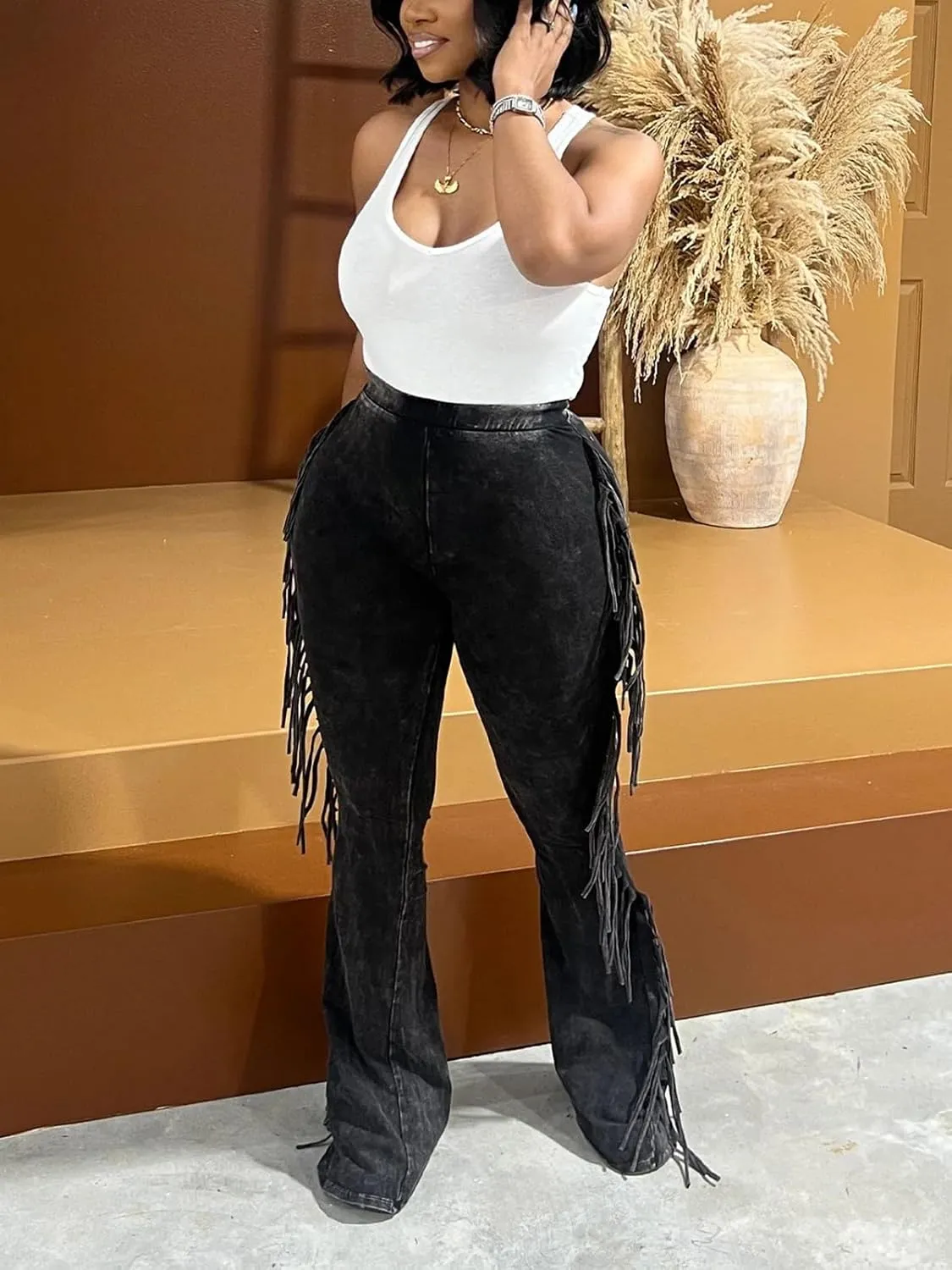 KANSOON Flare Leggings for Women Fringed Side Tassels Acid Wash High Waist Stretchy Skinny Bell Bottom Pants Sweatpants