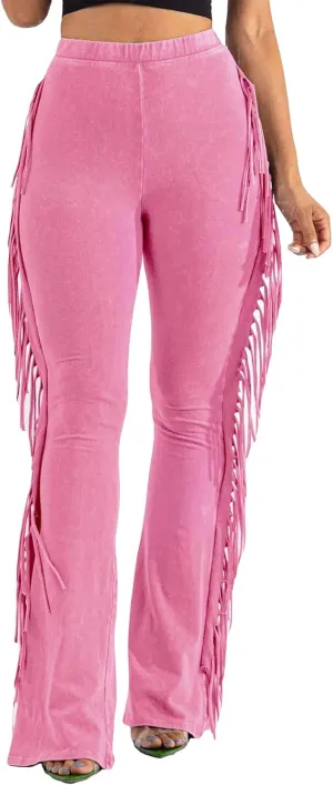 KANSOON Flare Leggings for Women Fringed Side Tassels Acid Wash High Waist Stretchy Skinny Bell Bottom Pants Sweatpants