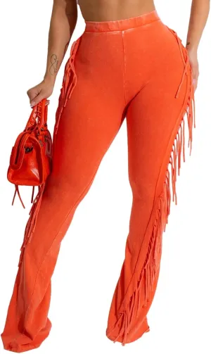 KANSOON Flare Leggings for Women Fringed Side Tassels Acid Wash High Waist Stretchy Skinny Bell Bottom Pants Sweatpants