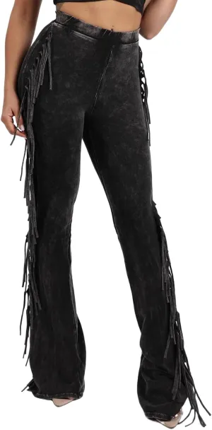 KANSOON Flare Leggings for Women Fringed Side Tassels Acid Wash High Waist Stretchy Skinny Bell Bottom Pants Sweatpants