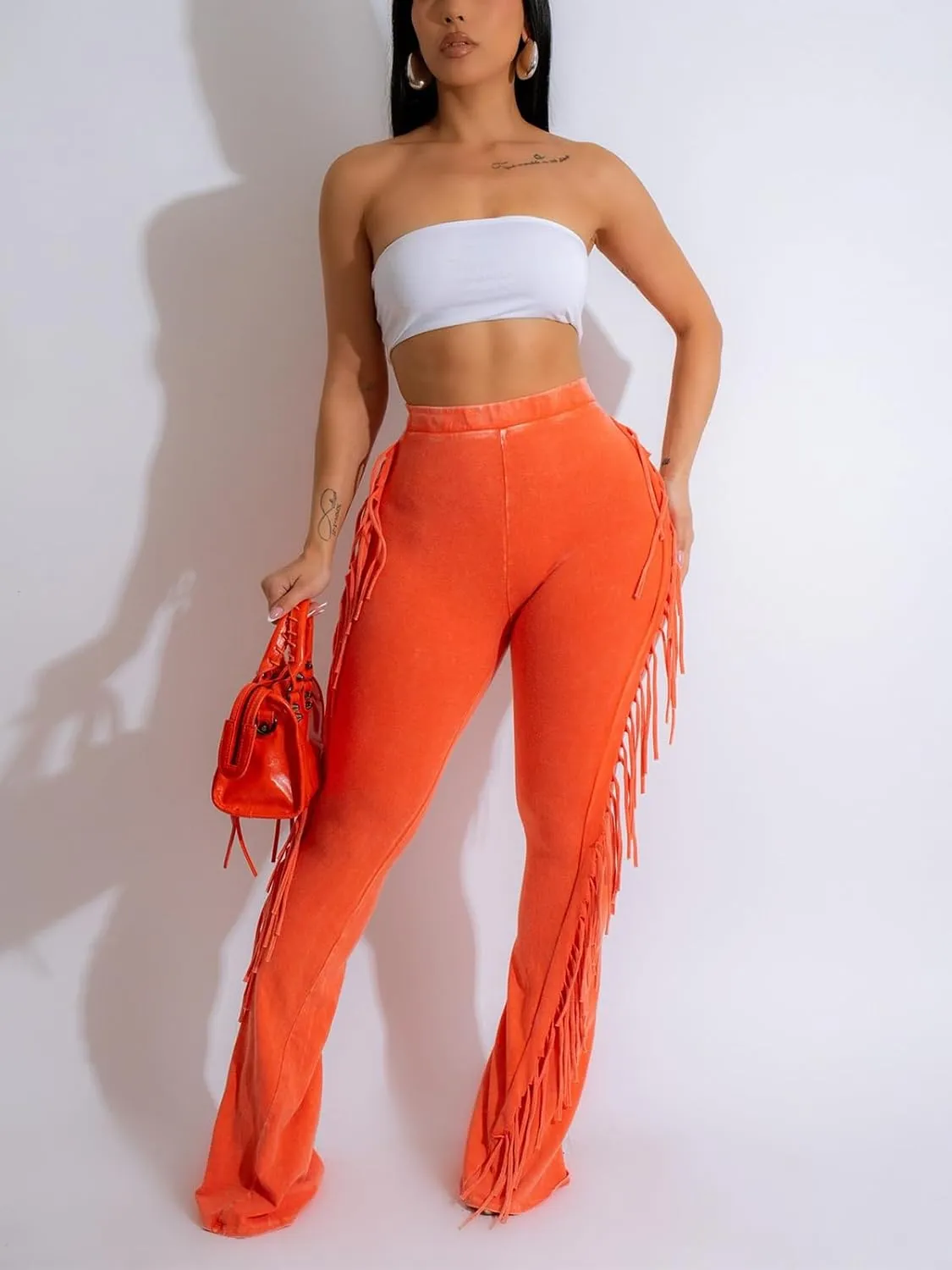 KANSOON Flare Leggings for Women Fringed Side Tassels Acid Wash High Waist Stretchy Skinny Bell Bottom Pants Sweatpants