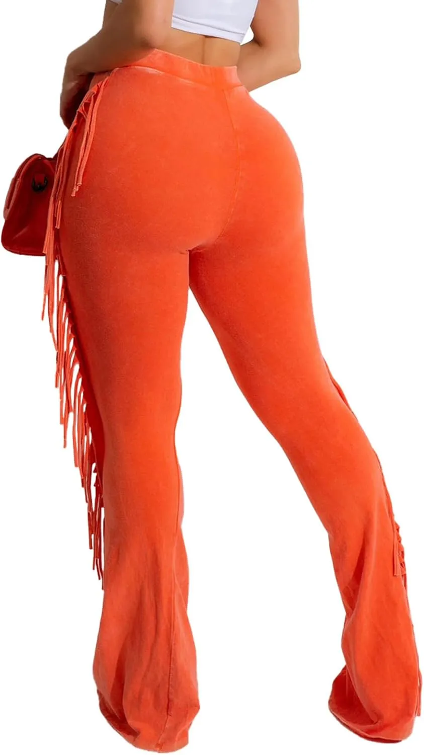 KANSOON Flare Leggings for Women Fringed Side Tassels Acid Wash High Waist Stretchy Skinny Bell Bottom Pants Sweatpants