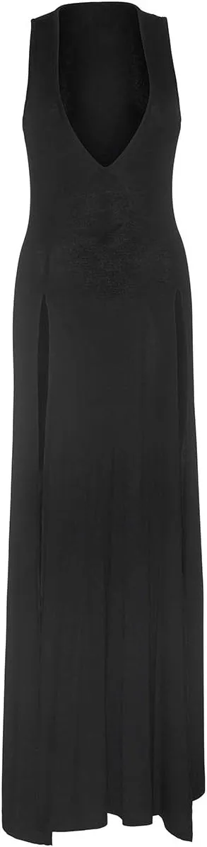 Leg Avenue Women's Deep V Dual High Slit Jersey Maxi Dress Sexy Comfortable Lingerie
