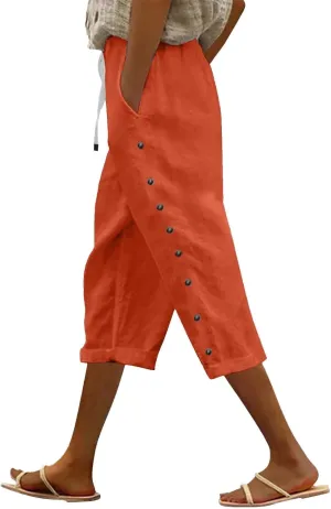 Linen Capri Pants for Women High Waisted Summer Capri Pants Elastic Waist Cotton Linen Yoga Cropped Trousers