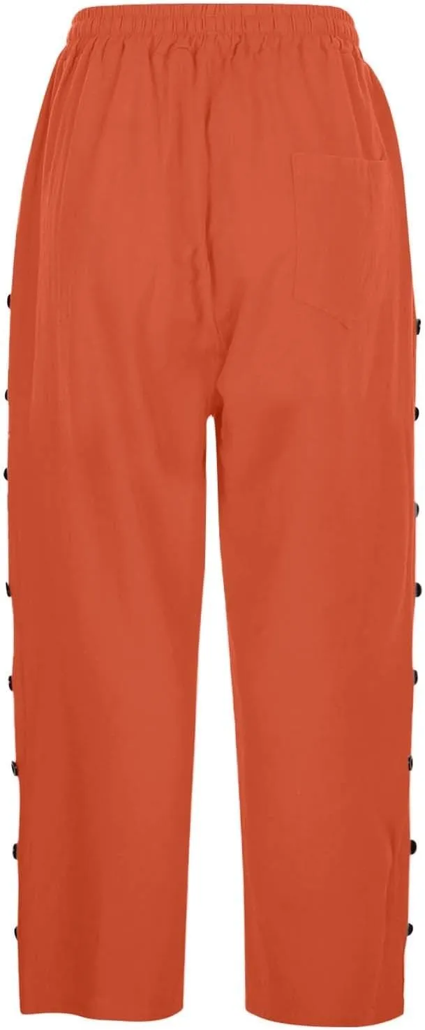 Linen Capri Pants for Women High Waisted Summer Capri Pants Elastic Waist Cotton Linen Yoga Cropped Trousers