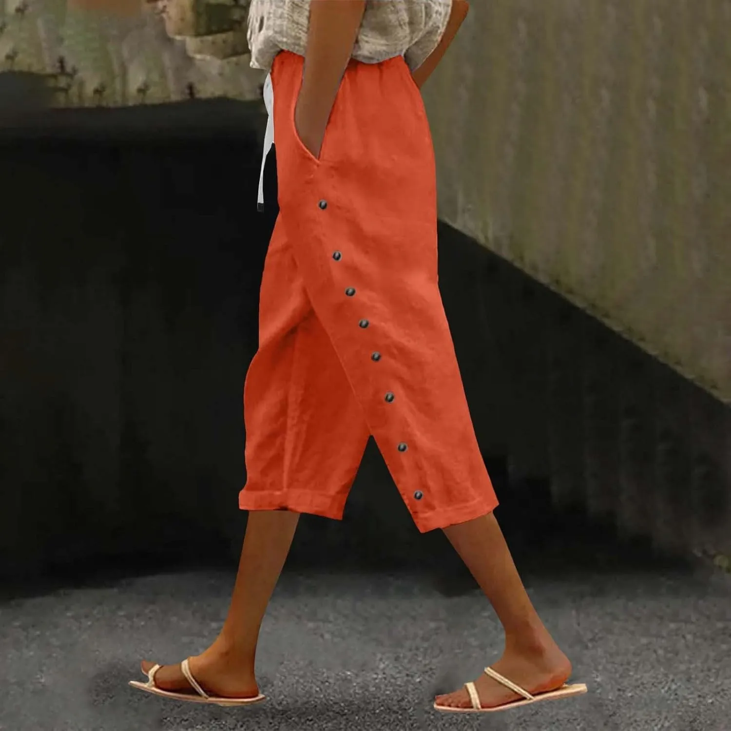 Linen Capri Pants for Women High Waisted Summer Capri Pants Elastic Waist Cotton Linen Yoga Cropped Trousers