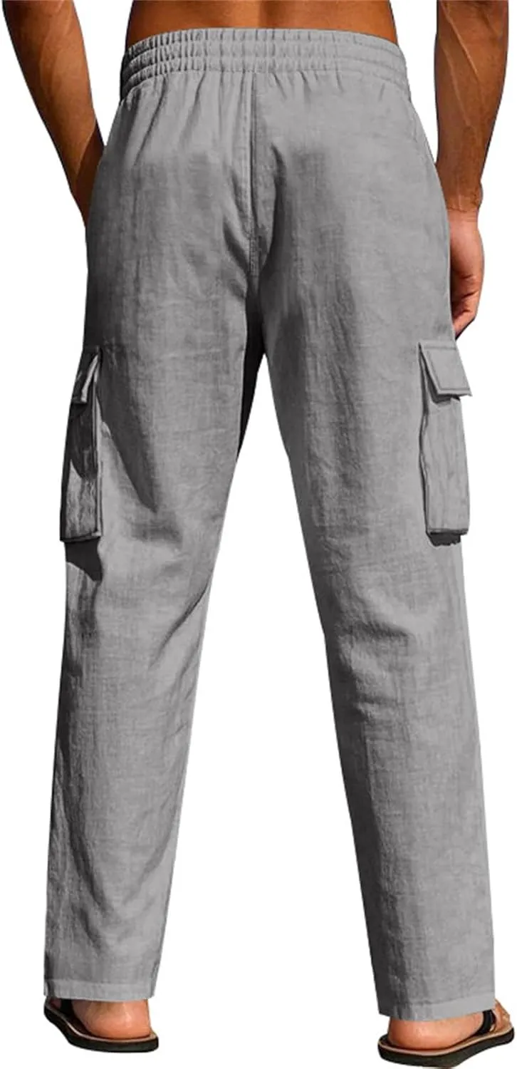 Linen Pants for Men Elastic Waist Drawstring Pants Beach Summer Pants Lightweight Linen Trouser with Pockets