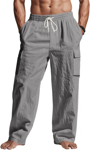 Linen Pants for Men Elastic Waist Drawstring Pants Beach Summer Pants Lightweight Linen Trouser with Pockets