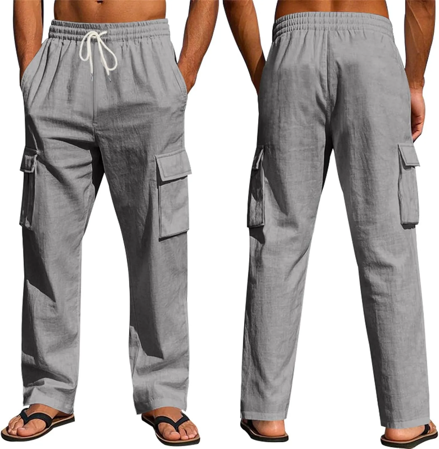 Linen Pants for Men Elastic Waist Drawstring Pants Beach Summer Pants Lightweight Linen Trouser with Pockets