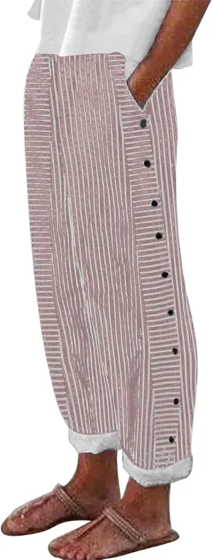 Linen Pants for Women 2025 Plus Size Trendy Striped Spring Summer Gauze Pants Casual Elastic Waist Comfy Trousers
