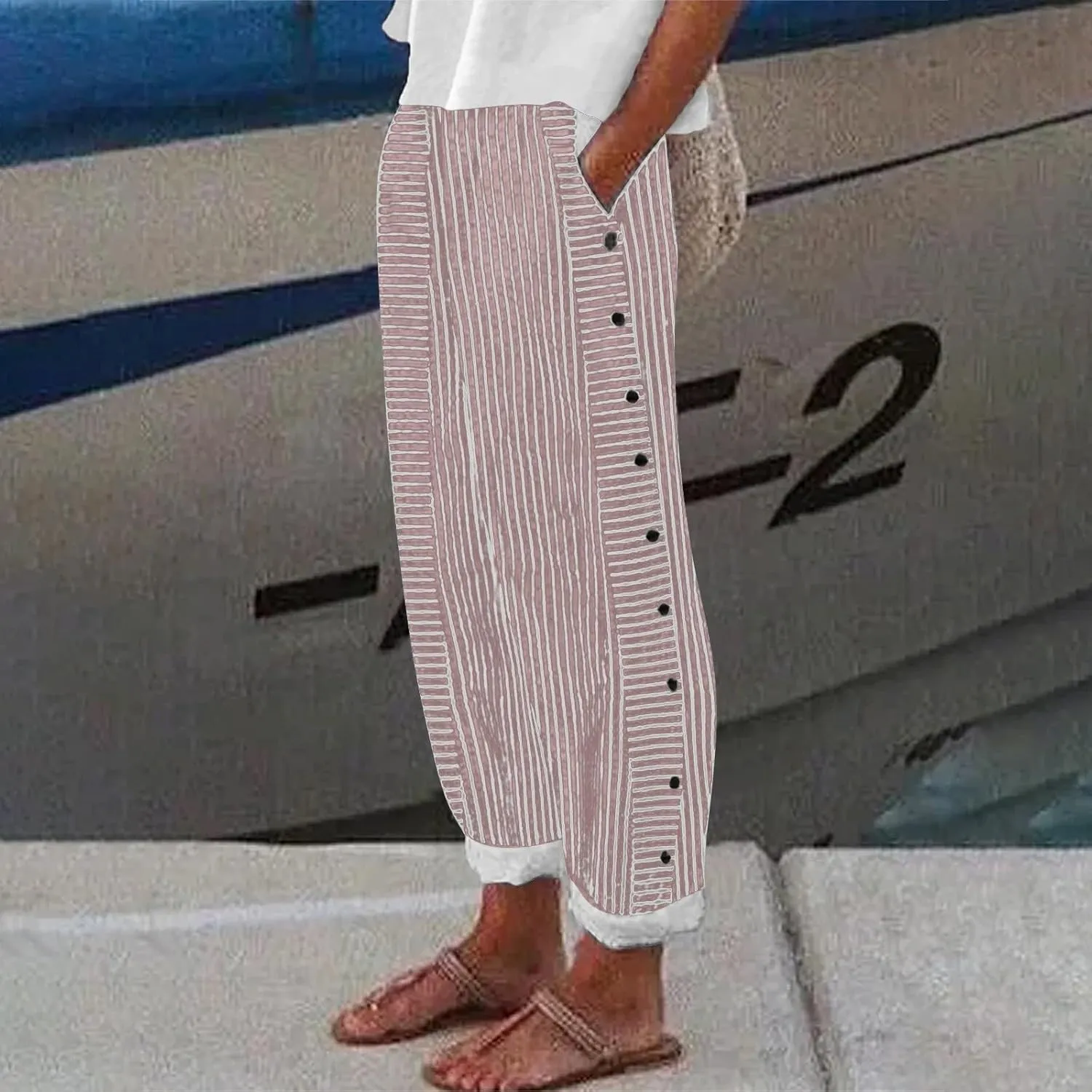 Linen Pants for Women 2025 Plus Size Trendy Striped Spring Summer Gauze Pants Casual Elastic Waist Comfy Trousers