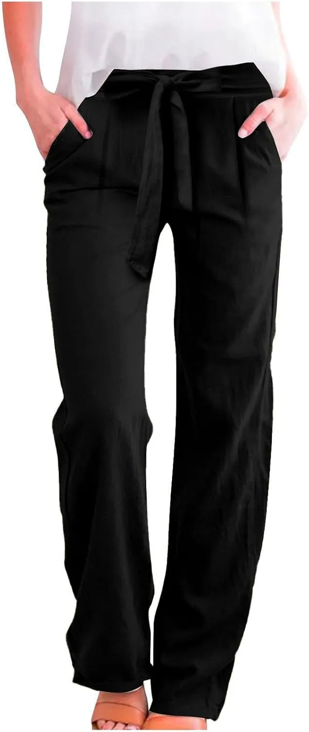 Linen Pants for Women Casual Straight Leg Loose Fit Summer Pants High Waisted Quick Dry Vacation Trousers with Pockets