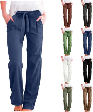 Linen Pants for Women Casual Straight Leg Loose Fit Summer Pants High Waisted Quick Dry Vacation Trousers with Pockets