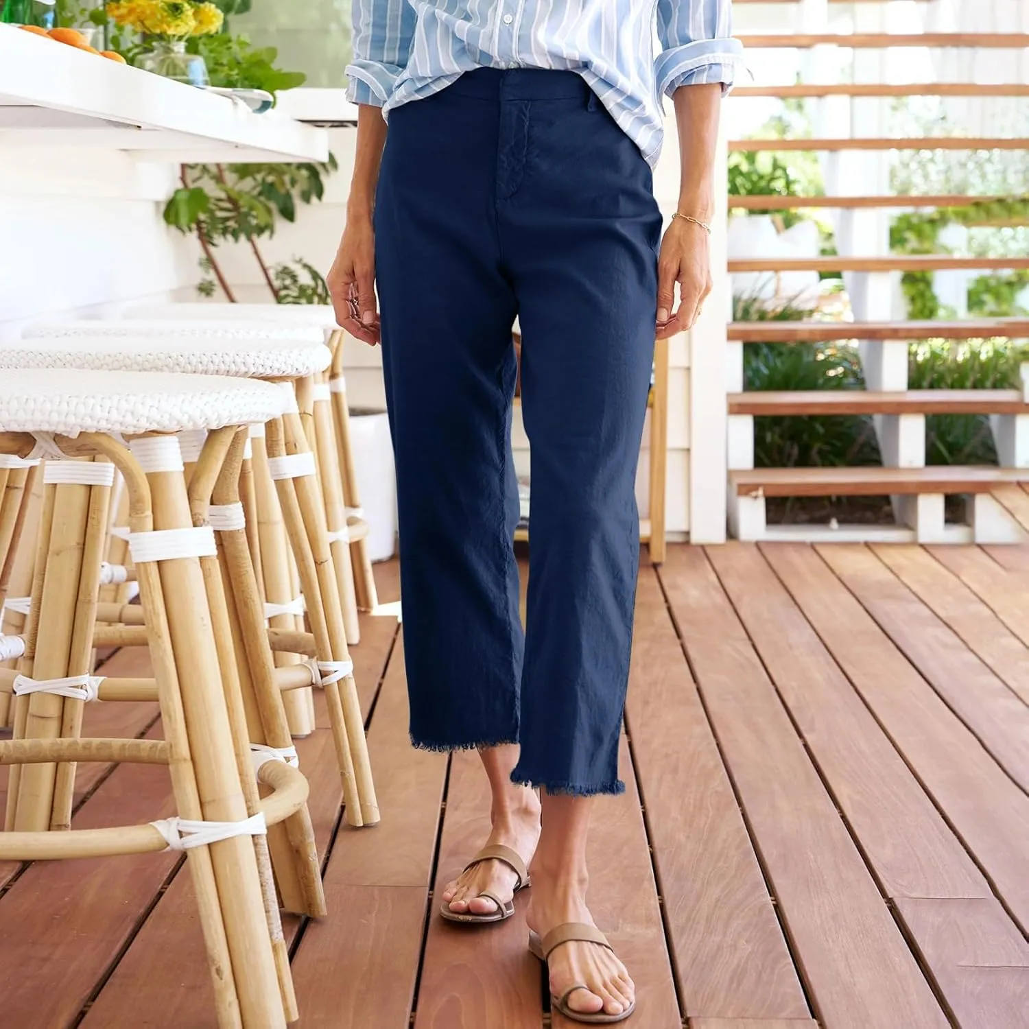 Linen Pants for Women High Waisted Raw Hem Business Casual Cropped Pants Loose Fit Vacation Trousers with Pockets