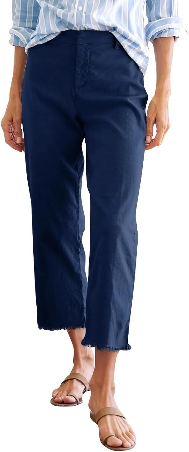 Linen Pants for Women High Waisted Raw Hem Business Casual Cropped Pants Loose Fit Vacation Trousers with Pockets