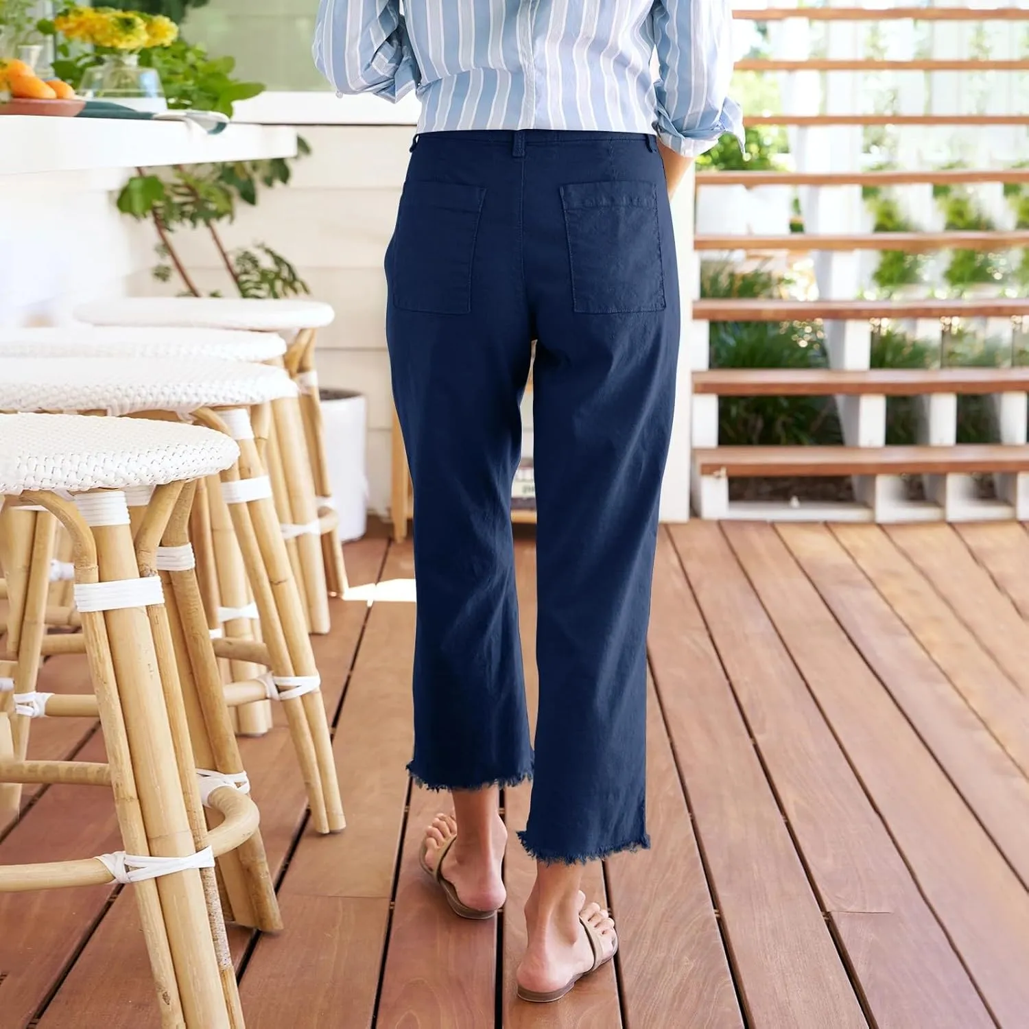 Linen Pants for Women High Waisted Raw Hem Business Casual Cropped Pants Loose Fit Vacation Trousers with Pockets