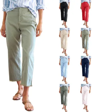 Linen Pants for Women High Waisted Raw Hem Business Casual Cropped Pants Loose Fit Vacation Trousers with Pockets