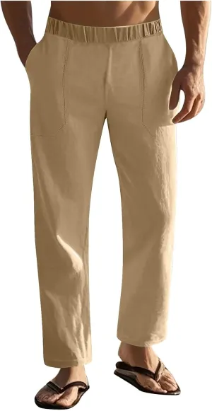 Linen Pants Men Casual Drawstring Loose Fit Beach Summer Pants with Pockets Lightweight Comfy Yoga Trousers