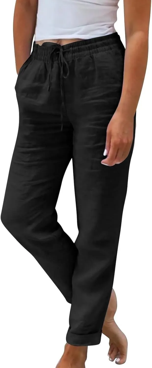 Linen Pants Women 2025 Summer Casual Straight Leg Pants Drawstring Elastic High Waisted Lightweight Trousers with Pockets