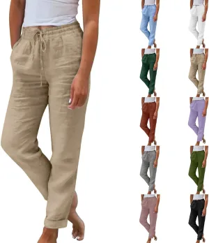Linen Pants Women 2025 Summer Casual Straight Leg Pants Drawstring Elastic High Waisted Lightweight Trousers with Pockets