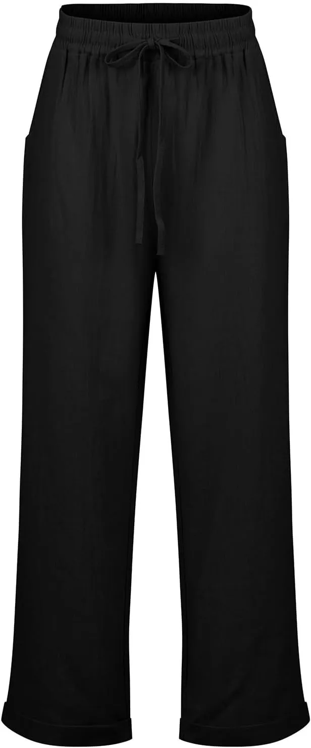 Linen Pants Women 2025 Summer Casual Straight Leg Pants Drawstring Elastic High Waisted Lightweight Trousers with Pockets