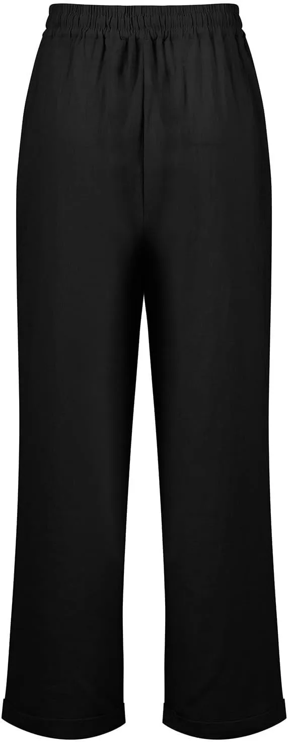 Linen Pants Women 2025 Summer Casual Straight Leg Pants Drawstring Elastic High Waisted Lightweight Trousers with Pockets