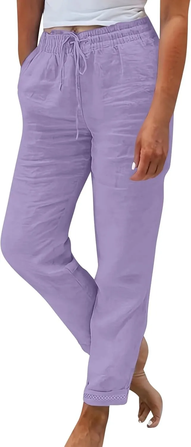 Linen Pants Women 2025 Summer Casual Straight Leg Pants Drawstring Elastic High Waisted Lightweight Trousers with Pockets