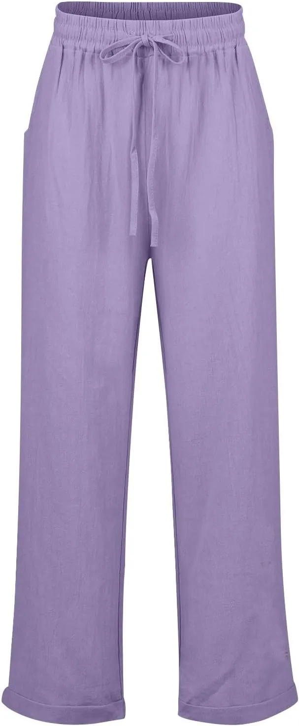 Linen Pants Women 2025 Summer Casual Straight Leg Pants Drawstring Elastic High Waisted Lightweight Trousers with Pockets