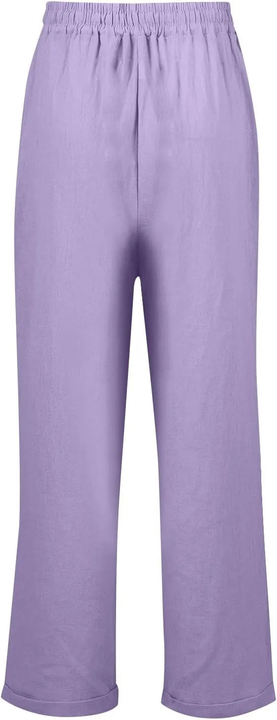Linen Pants Women 2025 Summer Casual Straight Leg Pants Drawstring Elastic High Waisted Lightweight Trousers with Pockets