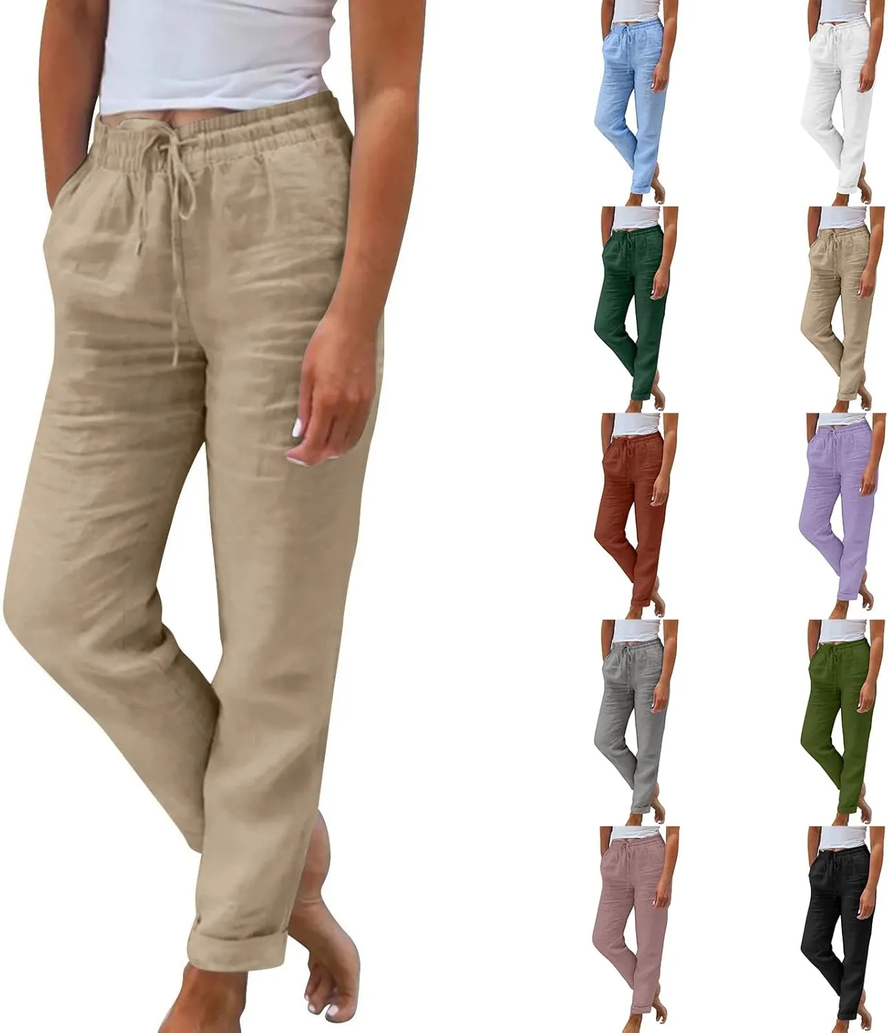 Linen Pants Women 2025 Summer Casual Straight Leg Pants Drawstring Elastic High Waisted Lightweight Trousers with Pockets