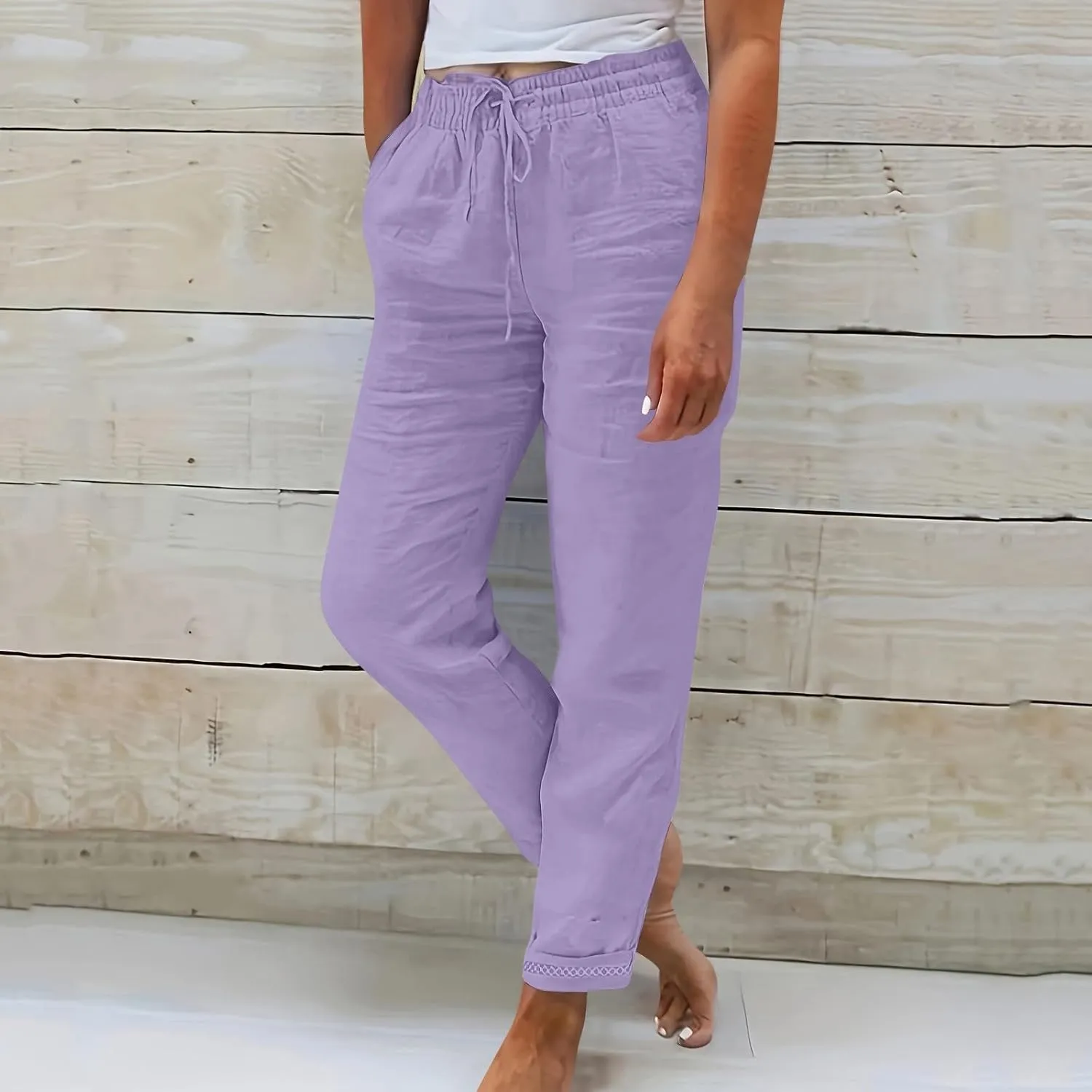 Linen Pants Women 2025 Summer Casual Straight Leg Pants Drawstring Elastic High Waisted Lightweight Trousers with Pockets