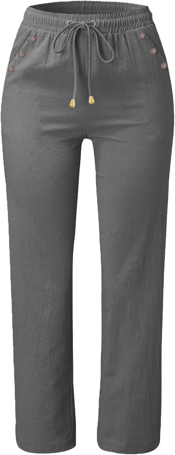 Linen Pants Women 2025 Summer Drawstring Elastic High Waisted Straight Leg Trousers Baggy Lounge Pants with Pockets