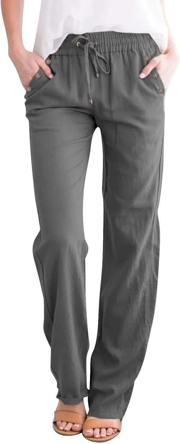 Linen Pants Women 2025 Summer Drawstring Elastic High Waisted Straight Leg Trousers Baggy Lounge Pants with Pockets