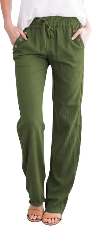 Linen Pants Women 2025 Summer Drawstring Elastic High Waisted Straight Leg Trousers Baggy Lounge Pants with Pockets