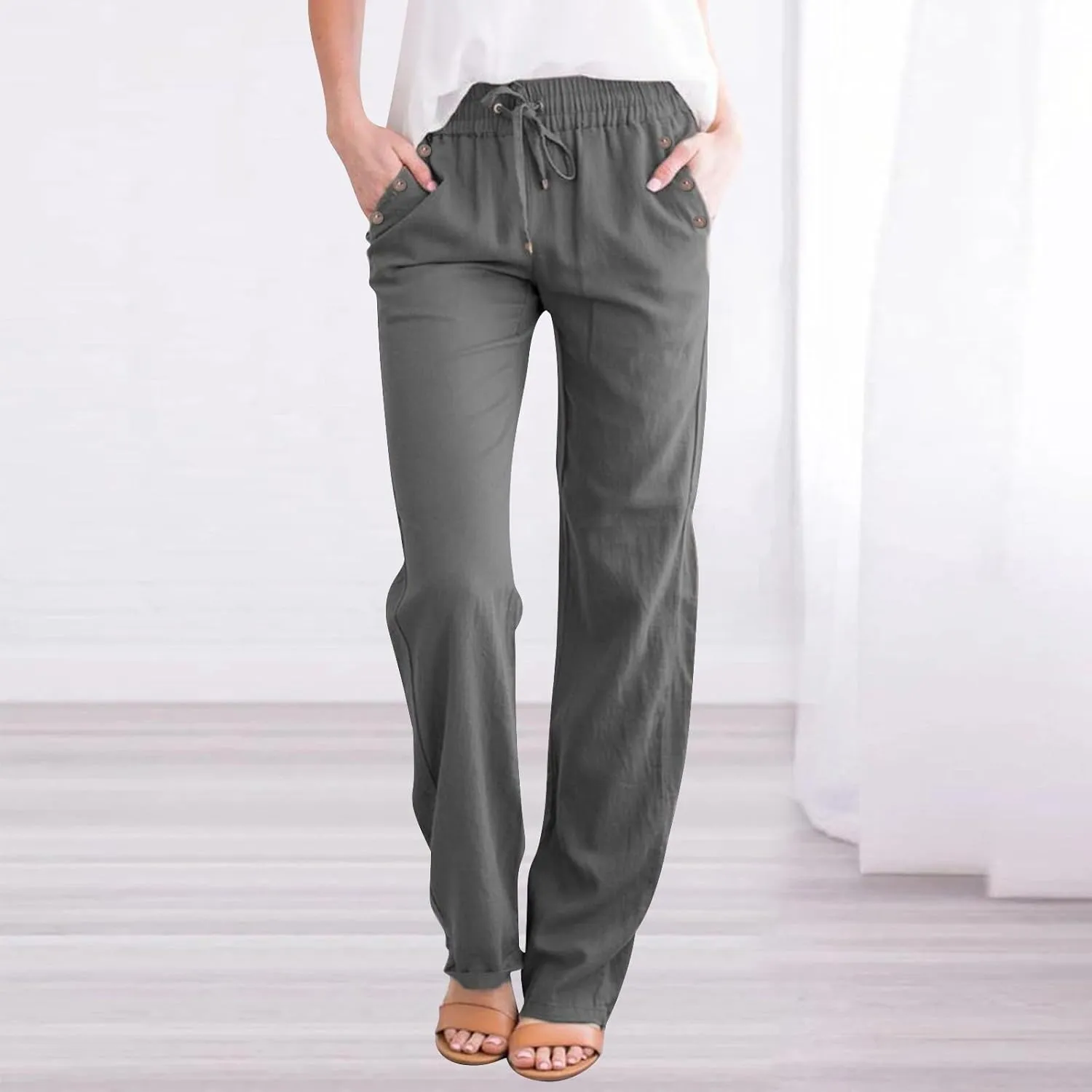 Linen Pants Women 2025 Summer Drawstring Elastic High Waisted Straight Leg Trousers Baggy Lounge Pants with Pockets
