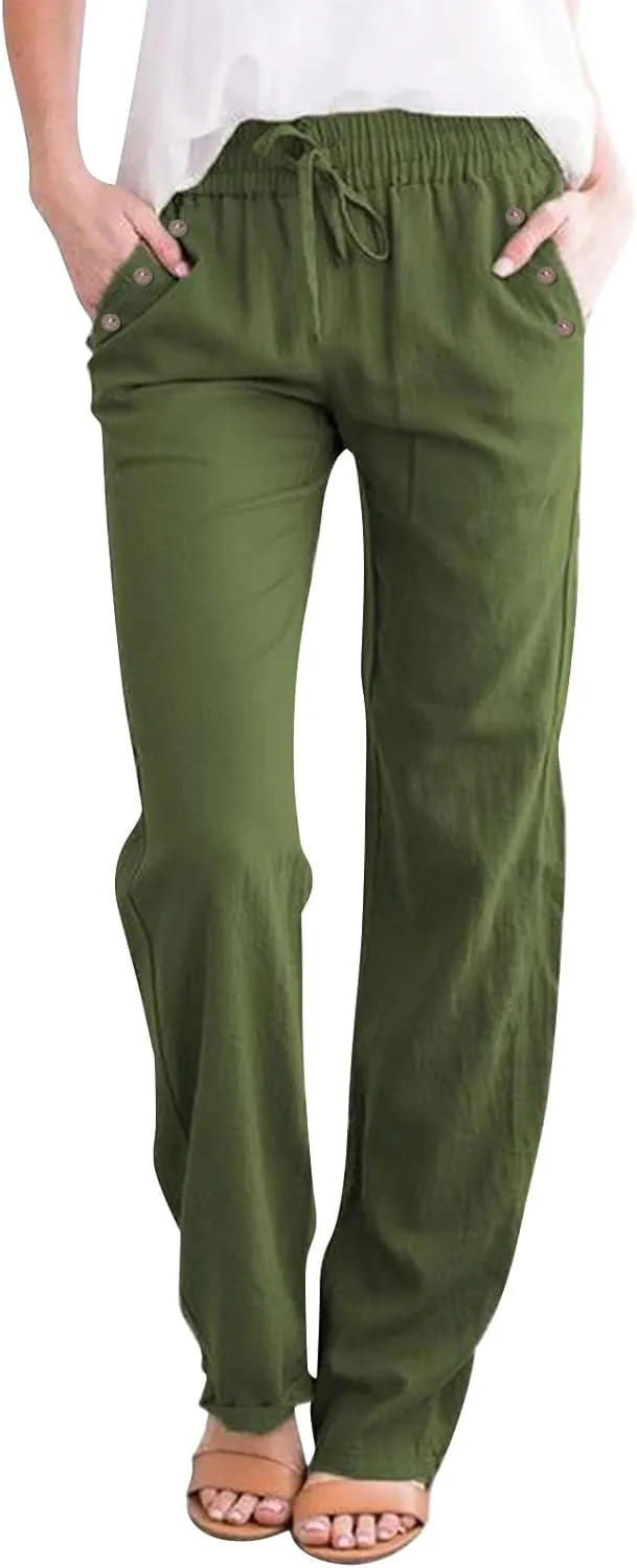Linen Pants Women 2025 Summer Drawstring Elastic High Waisted Straight Leg Trousers Baggy Lounge Pants with Pockets